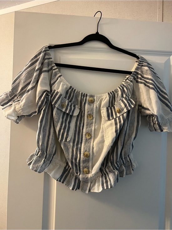 American Eagle Outfitters Tops - American Eagle Outfitters White and Blue Striped Off-Shoulder Peplum Button Top
